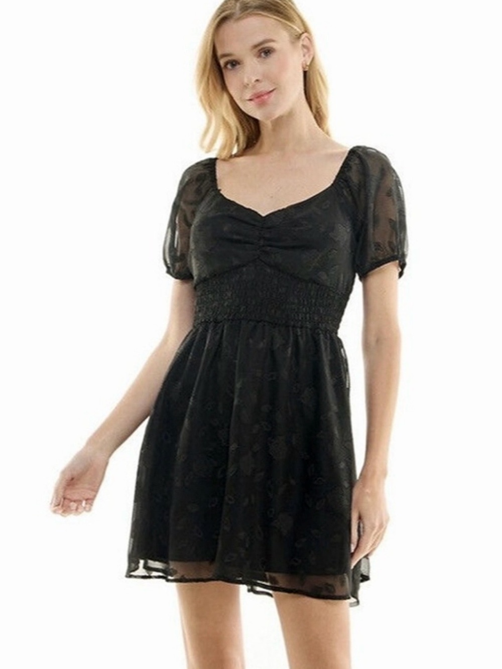 Lily Rose Black Puff-Sleeve Smocked Waist Mini Dress XL